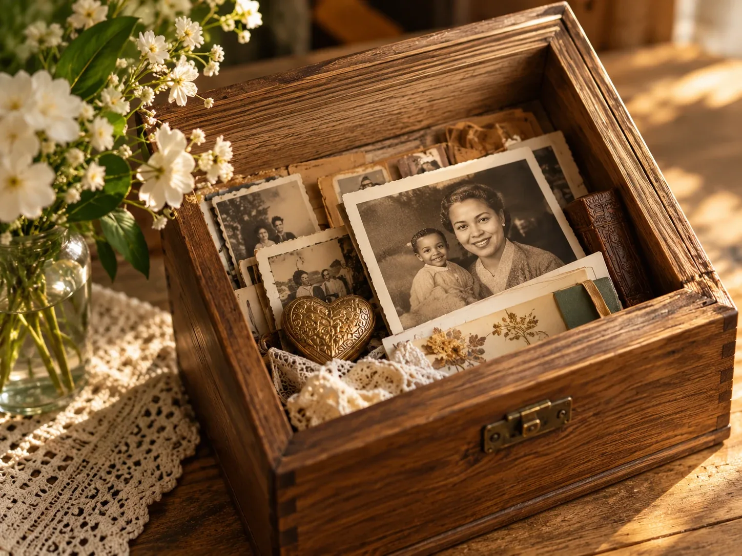 A wooden keepsake box filled with old family photographs