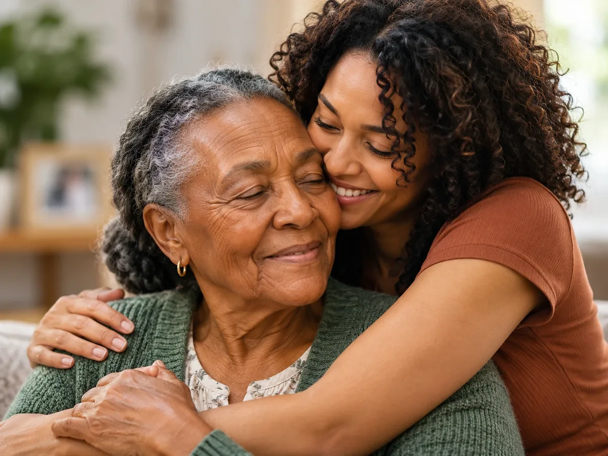A daughter hugging her mother at home